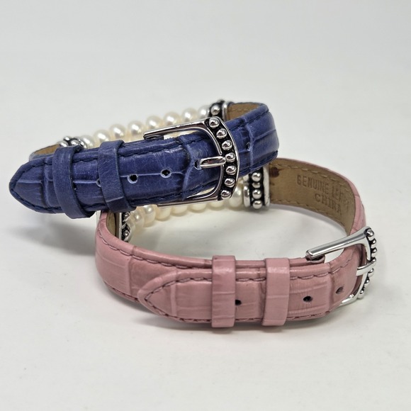 HONORA Set 2 Gen Leather Pearl Sterling Silver 925 Double Row Bracelet Pink Blue - Picture 10 of 11